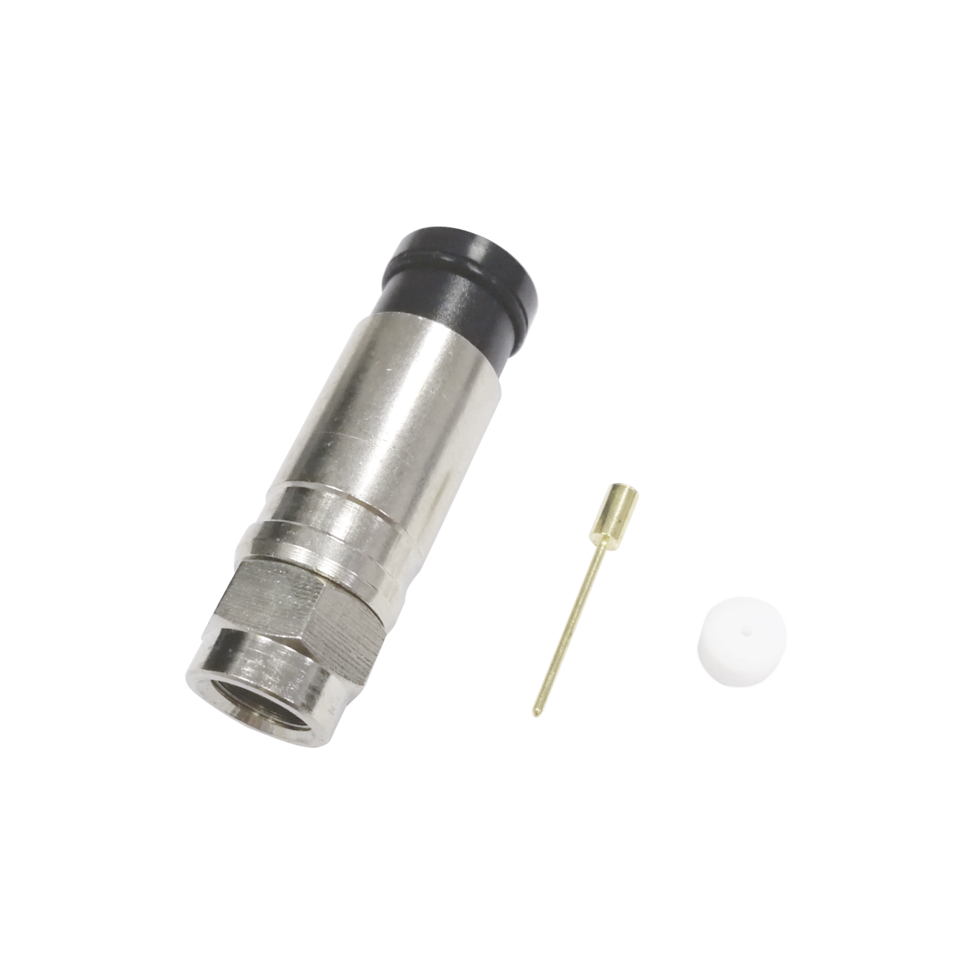 Conector F Macho de Compresión Axial con Borne Negro para instalar en Cable Coaxial RG-11, 75 Ohm, Bronce-Niquelado. Conector F Macho de Compresión Axial con Borne Negro para instalar en Cable Coaxial RG-11, 75 Ohm, Bronce-Niquelado.